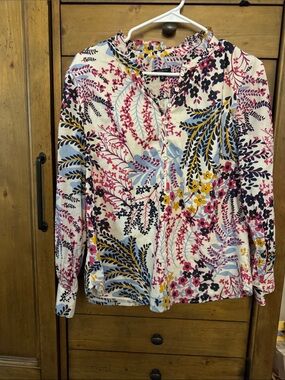 Talbots White Multi-Color Floral Button Front Blouse